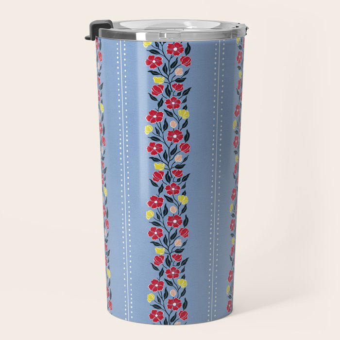 Vintage Posey Stripe Floral on Blue Linen Travel Mug Gallery Image 3