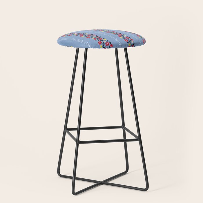 Vintage Posey Stripe Floral on Blue Linen Stool Gallery Image 1
