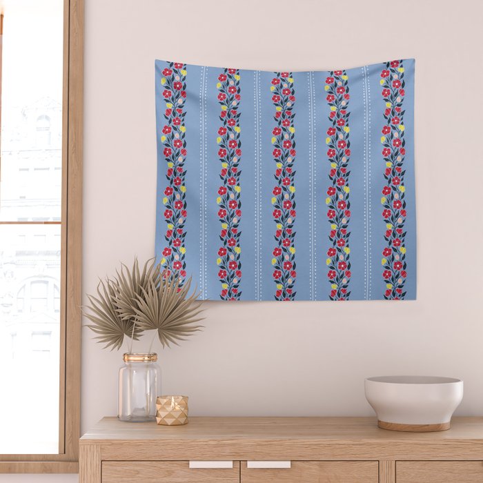 Vintage Posey Stripe Floral on Blue Linen Wall Tapestry Gallery Image 2