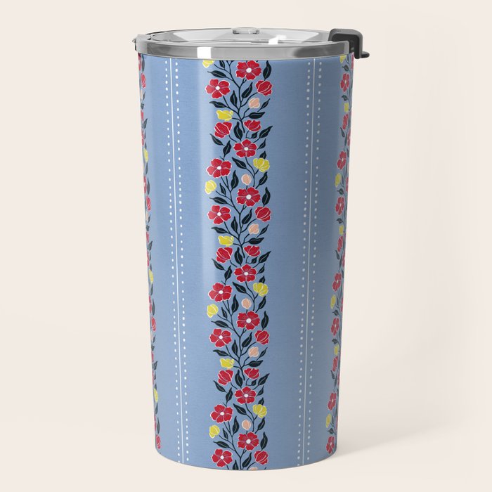 Vintage Posey Stripe Floral on Blue Linen Travel Mug Gallery Image 2