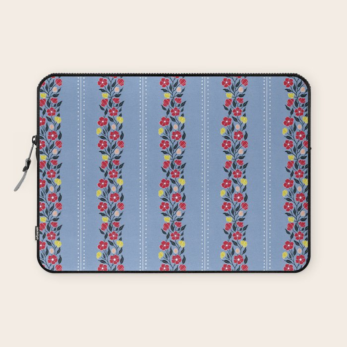 Vintage Posey Stripe Floral on Blue Linen Laptop Sleeve Gallery Image 1