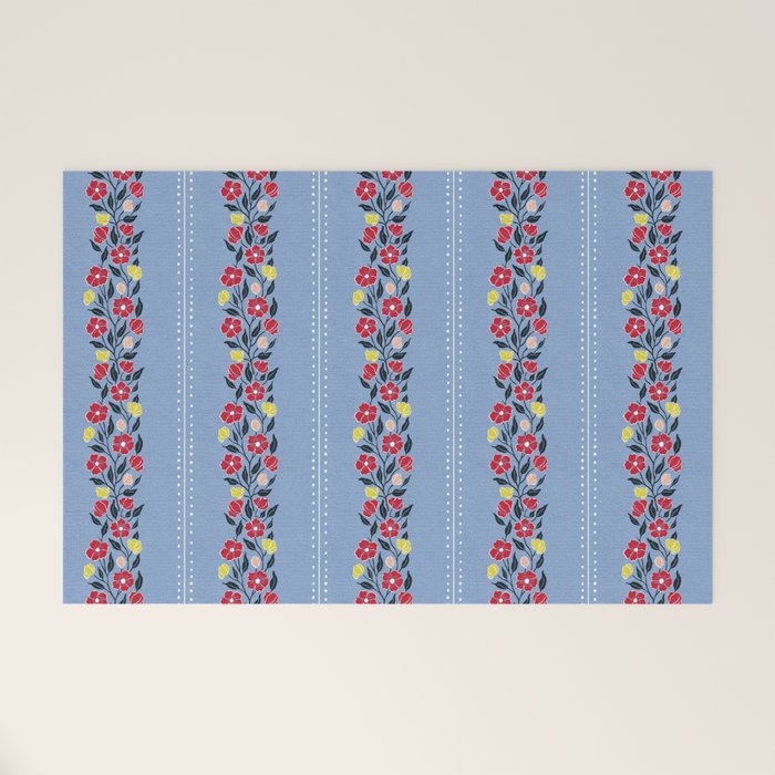 Vintage Posey Stripe Floral on Blue Linen Welcome Mat Gallery Image 1