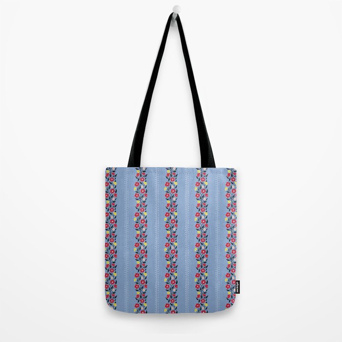 Vintage Posey Stripe Floral on Blue Linen Tote Bag Gallery Image 2