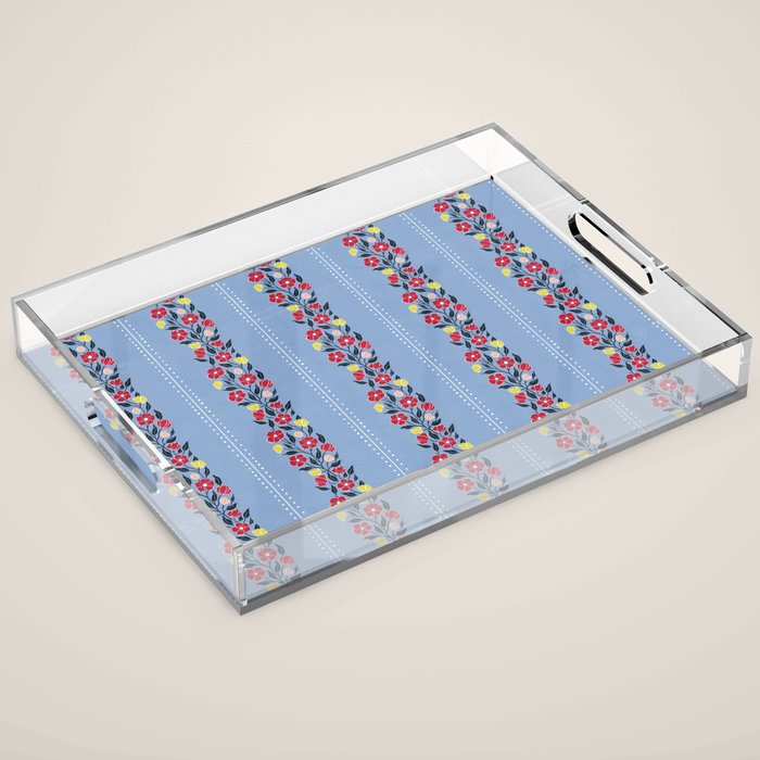 Vintage Posey Stripe Floral on Blue Linen Acrylic Tray Gallery Image 1