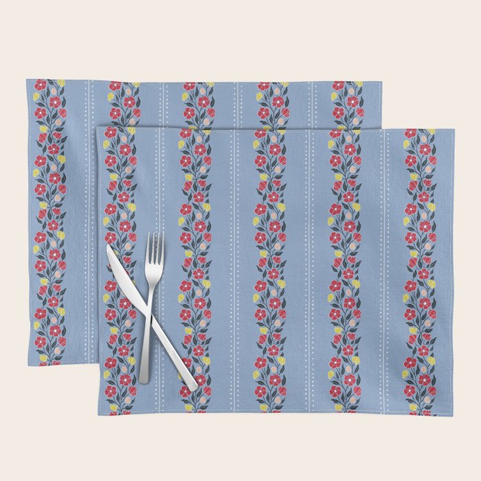 Vintage Posey Stripe Floral on Blue Linen Placemat Gallery Image 1
