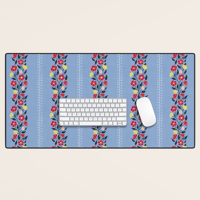 Vintage Posey Stripe Floral on Blue Linen Desk Mat Gallery Image 1