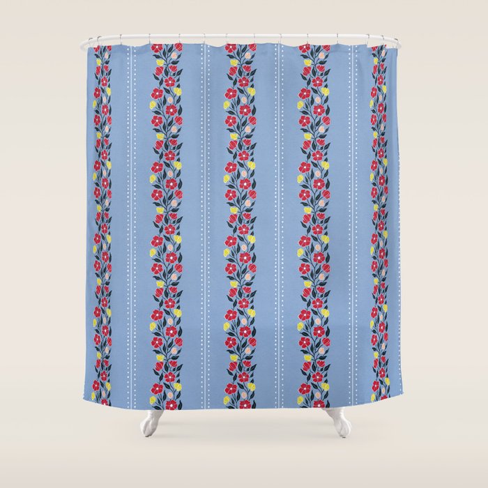 Vintage Posey Stripe Floral on Blue Linen Shower Curtain Gallery Image 1