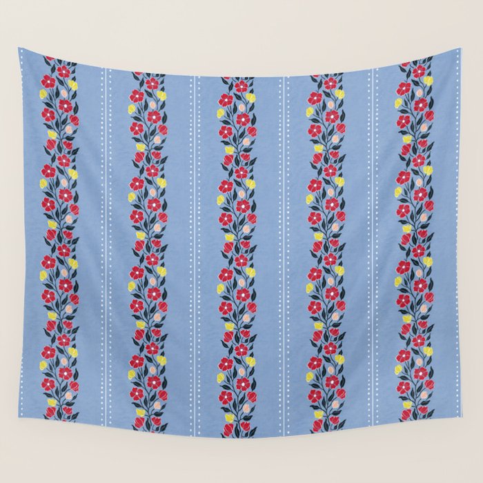 Vintage Posey Stripe Floral on Blue Linen Wall Tapestry Gallery Image 4