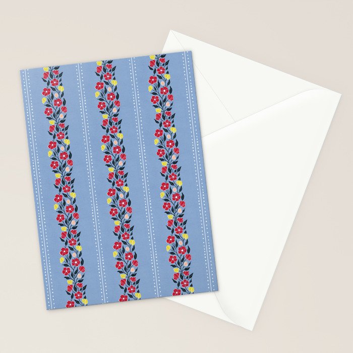Vintage Posey Stripe Floral on Blue Linen Stationery Card Gallery Image 2