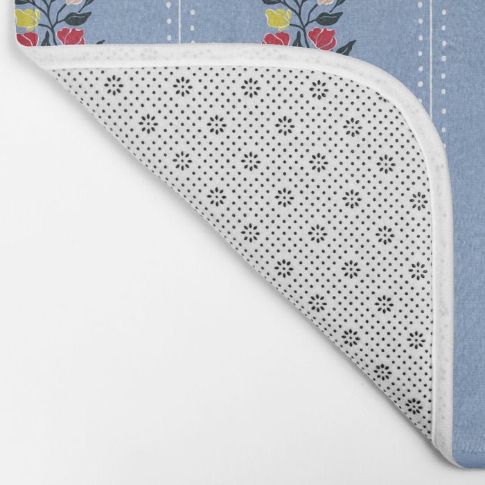 Vintage Posey Stripe Floral on Blue Linen Bath Mat Gallery Image 2