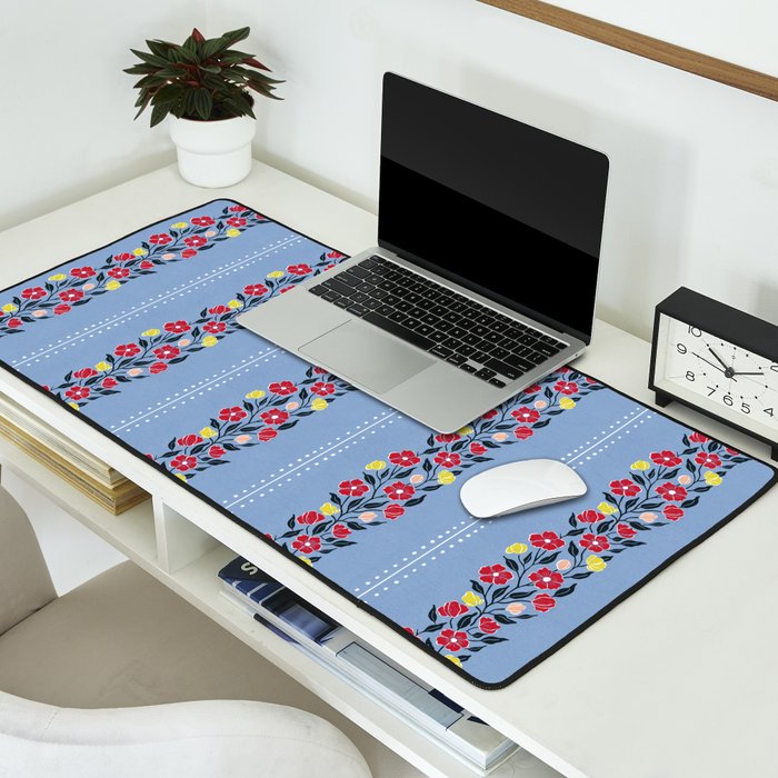 Vintage Posey Stripe Floral on Blue Linen Desk Mat Gallery Image 2
