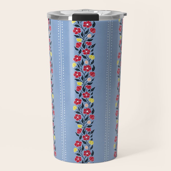 Vintage Posey Stripe Floral on Blue Linen Travel Mug Gallery Image 1