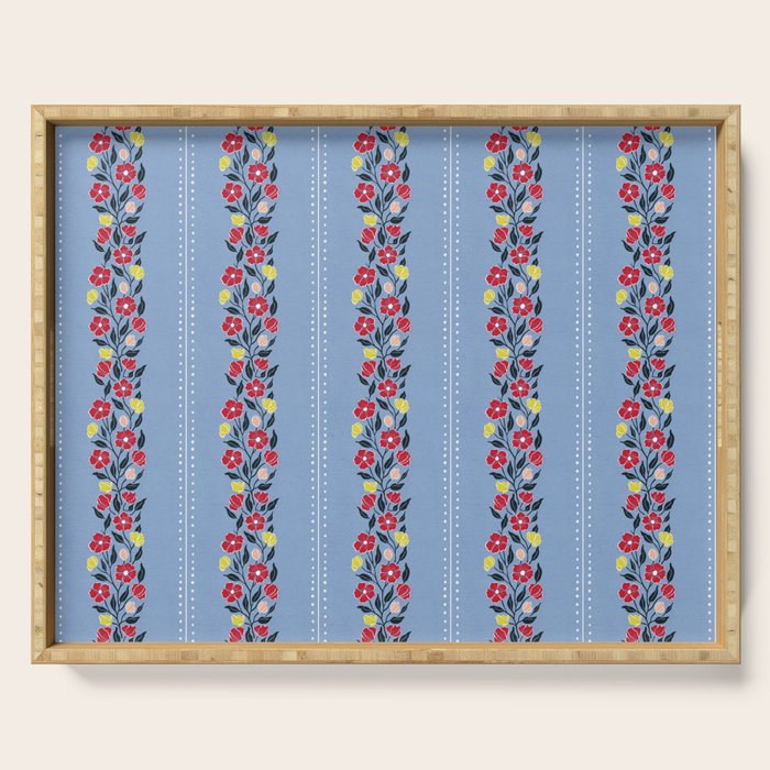 Vintage Posey Stripe Floral on Blue Linen Serving Tray Gallery Image 1