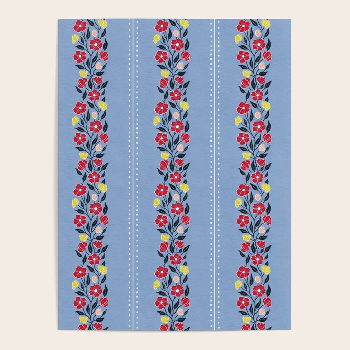 Vintage Posey Stripe Floral on Blue Linen Poster Gallery Image 1