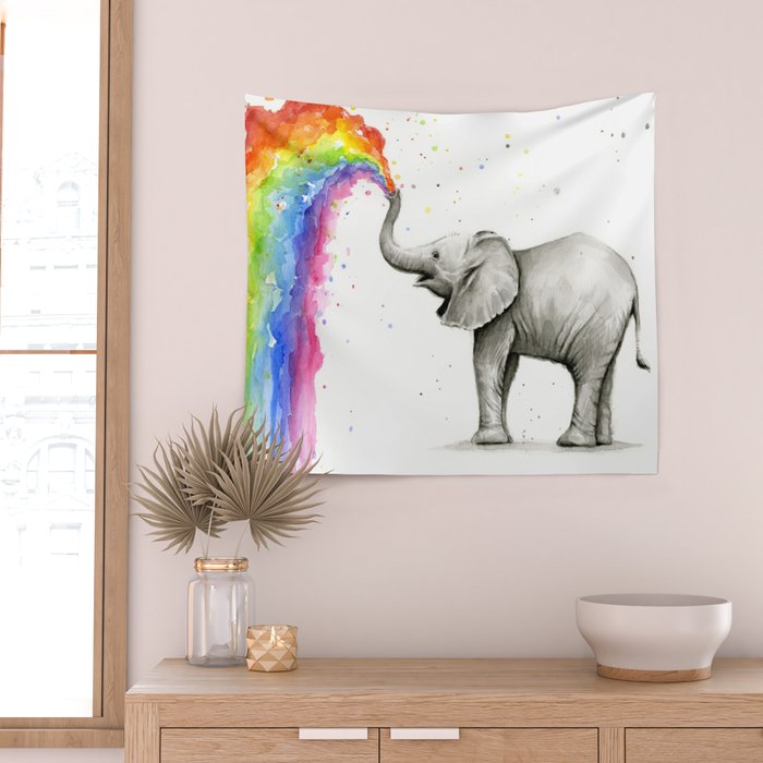 Baby Elephant Spraying Rainbow Wall Tapestry Gallery Image 2