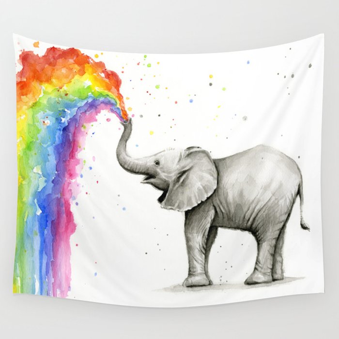 Baby Elephant Spraying Rainbow Wall Tapestry Gallery Image 1