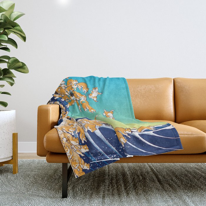 Shiba Inu in Great Wave Throw Blanket Gallery Image 1