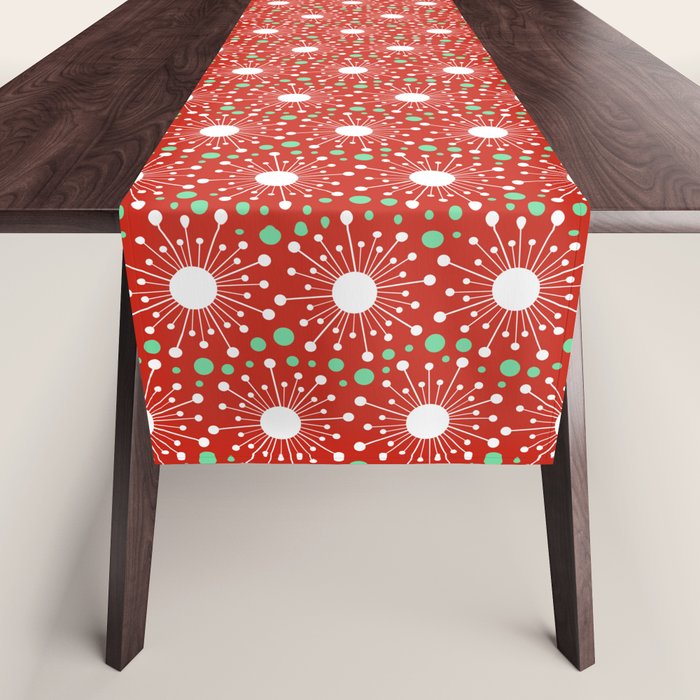 Christmas Holiday MidCentury Modern Atomic Snowflakes in Red Green and White Table Runner Gallery Image 1