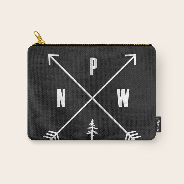 PNW Pacific Northwest Compass - White on Black Minimal Carry All Pouch Gallery Image 1
