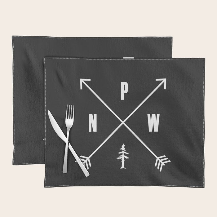 PNW Pacific Northwest Compass - White on Black Minimal Placemat Gallery Image 1