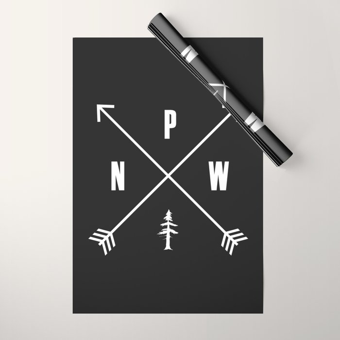 PNW Pacific Northwest Compass - White on Black Minimal Wrapping Paper Gallery Image 1