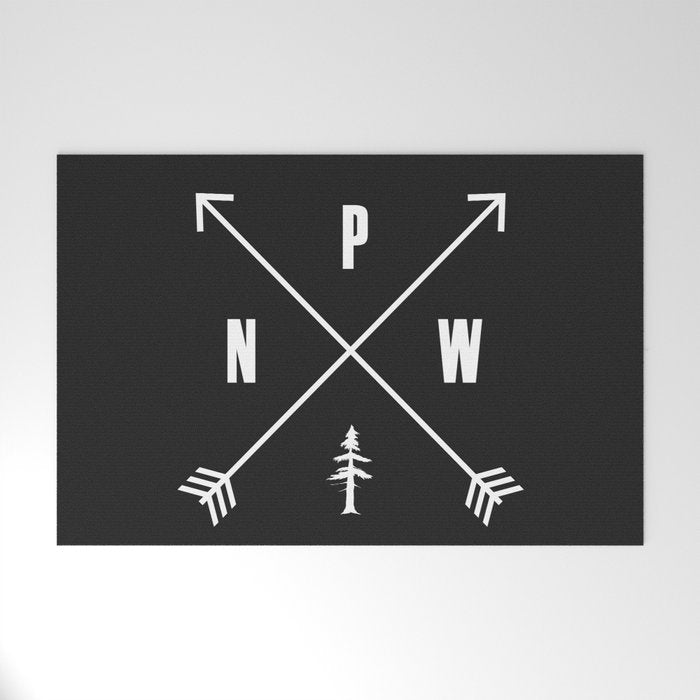 PNW Pacific Northwest Compass - White on Black Minimal Welcome Mat Gallery Image 1