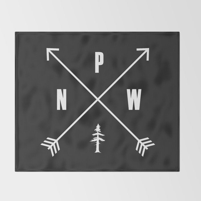 PNW Pacific Northwest Compass - White on Black Minimal Throw Blanket Gallery Image 2