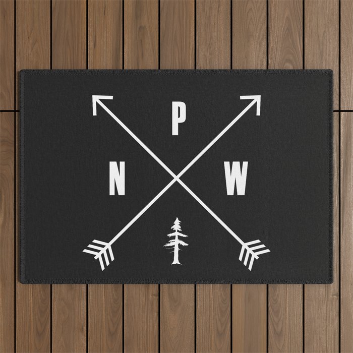 PNW Pacific Northwest Compass - White on Black Minimal Outdoor Rug Gallery Image 1
