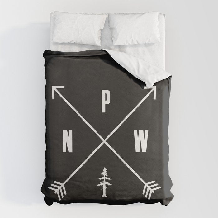 PNW Pacific Northwest Compass - White on Black Minimal Duvet Cover Gallery Image 6