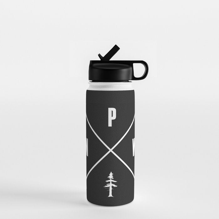 PNW Pacific Northwest Compass - White on Black Minimal Water Bottle Gallery Image 1
