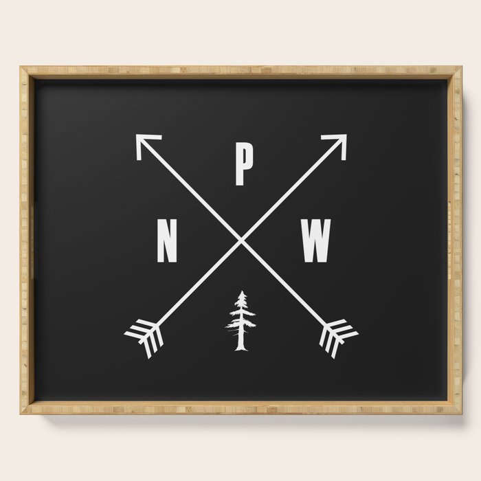 PNW Pacific Northwest Compass - White on Black Minimal Serving Tray Gallery Image 1