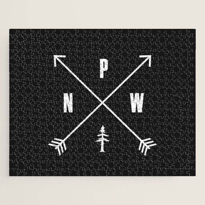 PNW Pacific Northwest Compass - White on Black Minimal Jigsaw Puzzle Gallery Image 1
