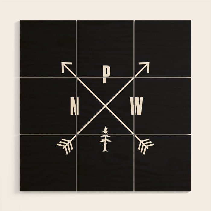 PNW Pacific Northwest Compass - White on Black Minimal Wood Wall Art