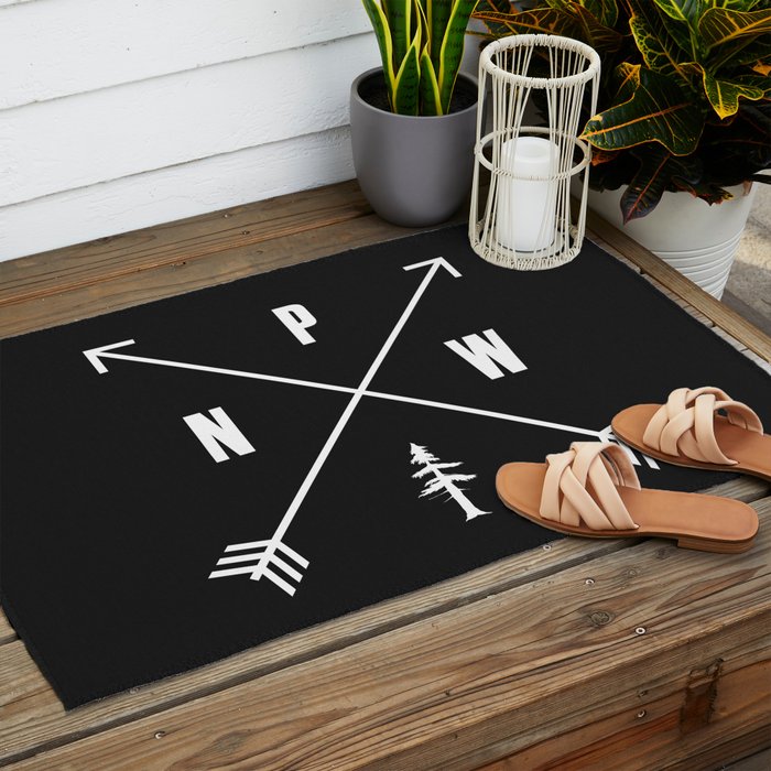 PNW Pacific Northwest Compass - White on Black Minimal Outdoor Rug Gallery Image 2