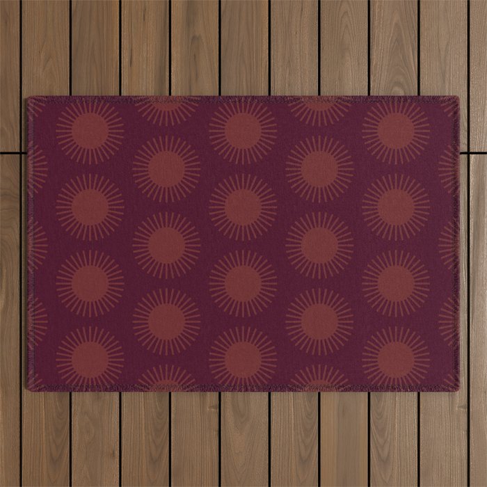 Boho Summer Sun Pattern XIII Dark Maroon Red Outdoor Rug Gallery Image 1