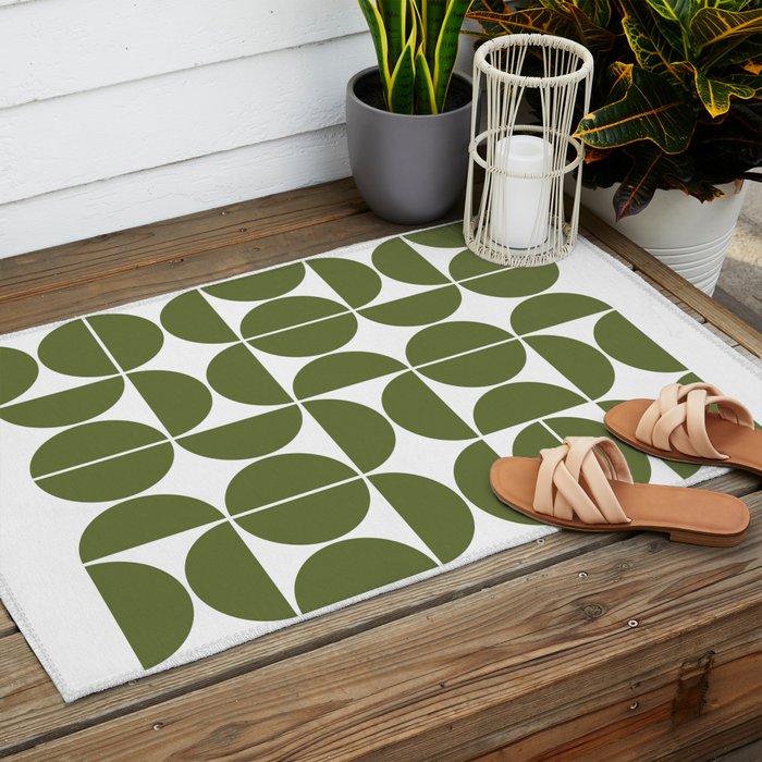 Mid Century Modern Geometric 04 Olive Green Outdoor Rug Gallery Image 2