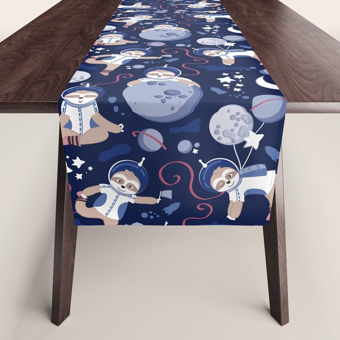 Best Space To Be // navy blue background indigo moons and cute astronauts sloths Table Runner Gallery Image 1