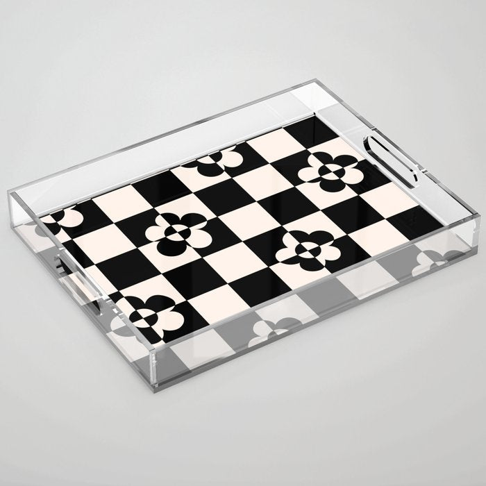 Mid century modern geometric black and white pattern Acrylic Tray Gallery Image 1