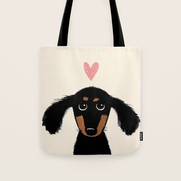Dachshund Love | Cute Longhaired Black and Tan Wiener Dog Tote Bag Gallery Image 1