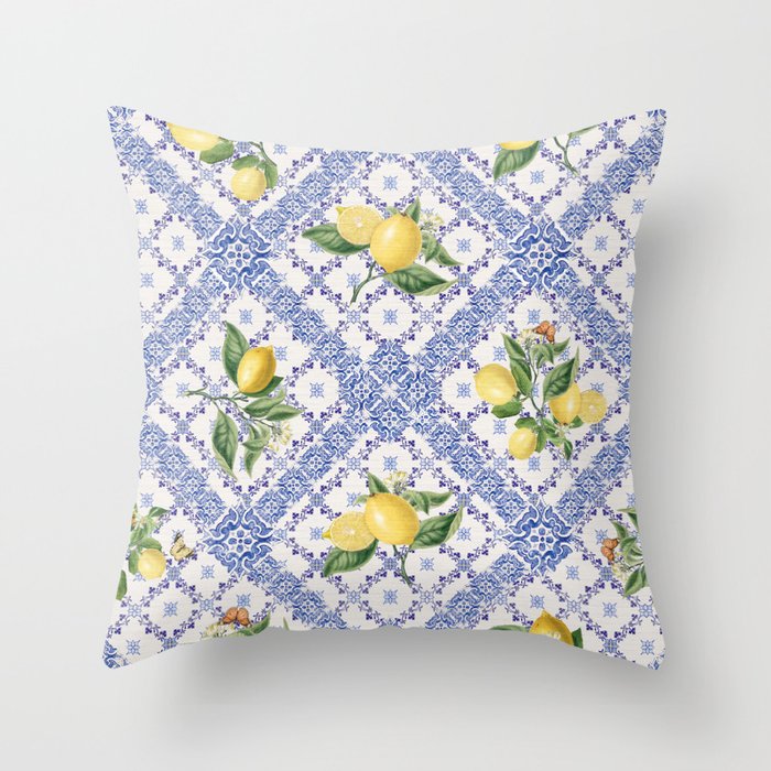 Mediterranean citrus, lemons on blue ceramic tiles Throw Pillow Gallery Image 6