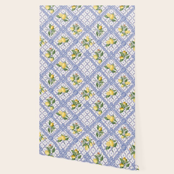 Mediterranean citrus, lemons on blue ceramic tiles Wallpaper Gallery Image 2