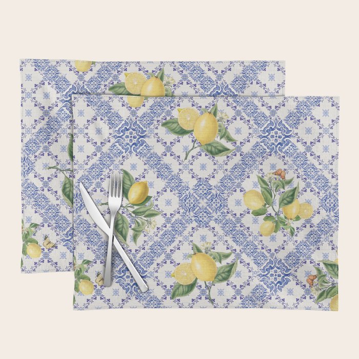 Mediterranean citrus, lemons on blue ceramic tiles Placemat Gallery Image 1