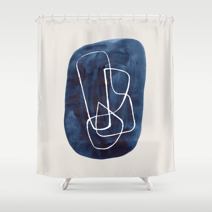 EnShape by Ejaaz Haniff 'Navy Maze' Minimalist Mid Century Modern Line Drawing Geometric Organic Color Shapes Shower Curtain Gallery Image 1