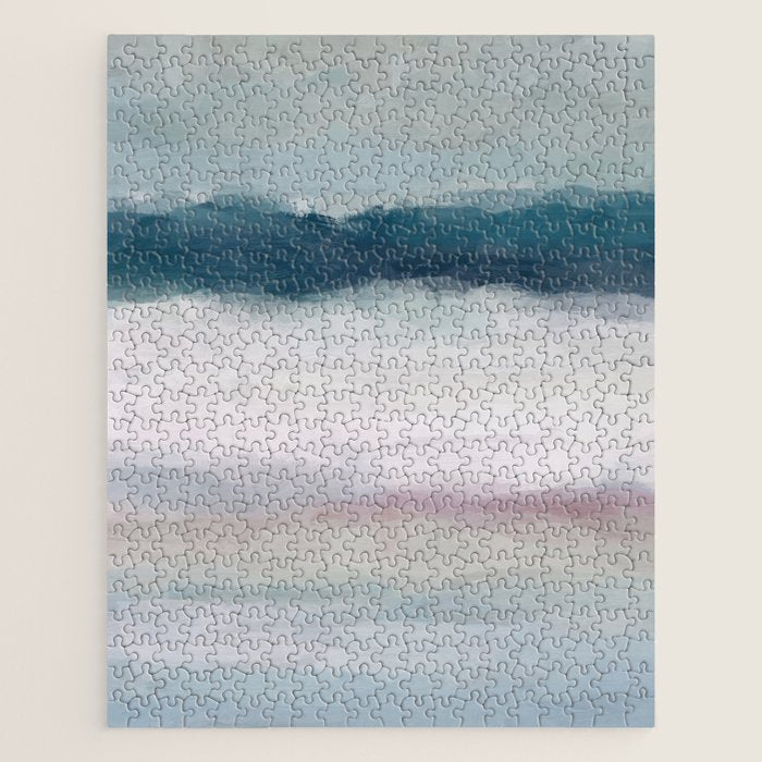 Lullaby Waves I - Dark Teal Blue White Pink Light Blue Modern Art, Ocean Waves Diptych Nursery Beach Jigsaw Puzzle Gallery Image 1