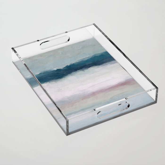 Lullaby Waves I - Dark Teal Blue White Pink Light Blue Modern Art, Ocean Waves Diptych Nursery Beach Acrylic Tray Gallery Image 1