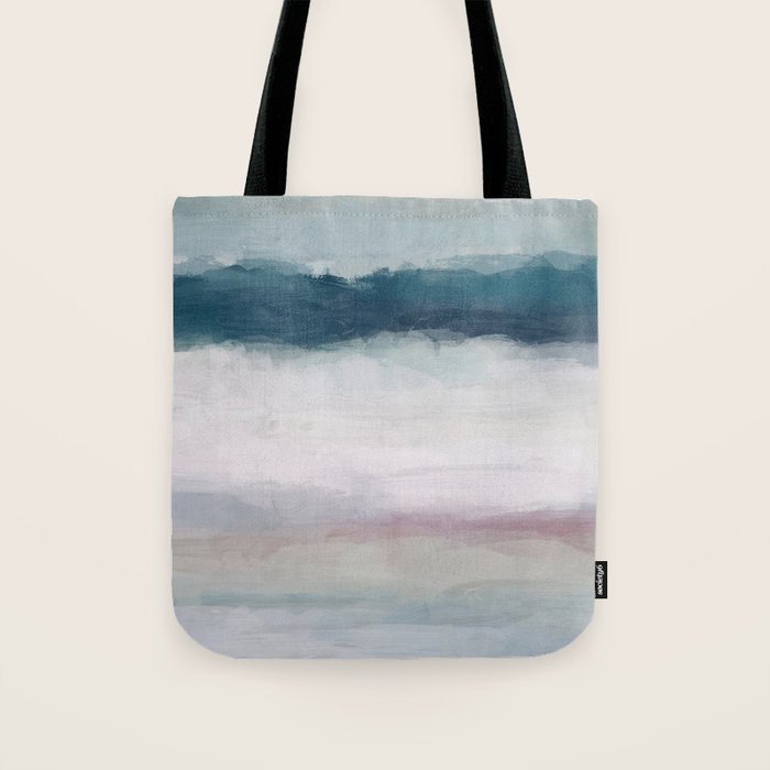 Lullaby Waves I - Dark Teal Blue White Pink Light Blue Modern Art, Ocean Waves Diptych Nursery Beach Tote Bag Gallery Image 1