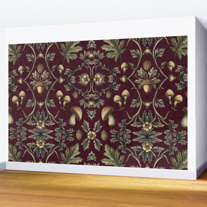 William Morris Style Forest Tales Cabincore Pattern Burgundy Red Wall Mural Gallery Image 2