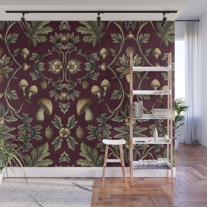 William Morris Style Forest Tales Cabincore Pattern Burgundy Red Wall Mural Gallery Image 1