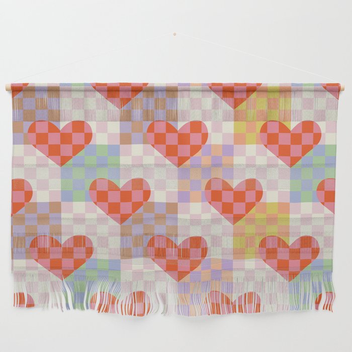 Red love heart checkered patchwork pattern Wall Hanging Gallery Image 1