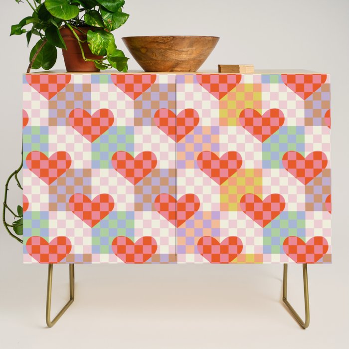 Red love heart checkered patchwork pattern Credenza Gallery Image 1